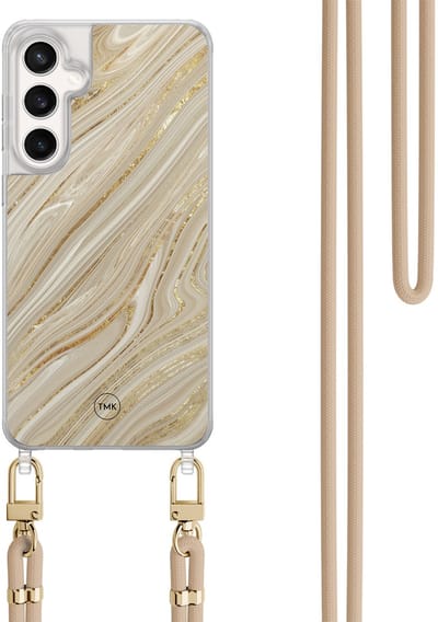 Telefoonhoesje met koord geschikt voor Samsung S24 FE - Golden marble - Inclusief Beige koord - Transparant, Goud - Marmer - Crossbody beschermhoes - Met Telefoonketting