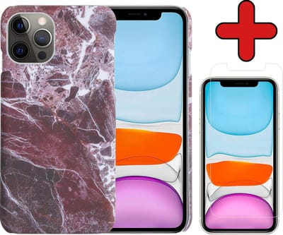 Hoesje Geschikt voor iPhone 11 Pro Hoesje Marmer Hardcover Fashion Case Hoes Met Screenprotector - Hoes Geschikt voor iPhone 11 Pro Marmer Hoesje Hardcase Back Cover - Rood