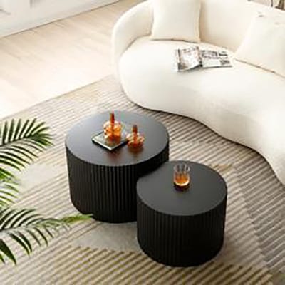 BLACKCOLORS Set moderne bijzettafels in matzwart met golvende rand - Stapelbare tafels in twee delen die perfect in elkaar passen 60*40+48*35