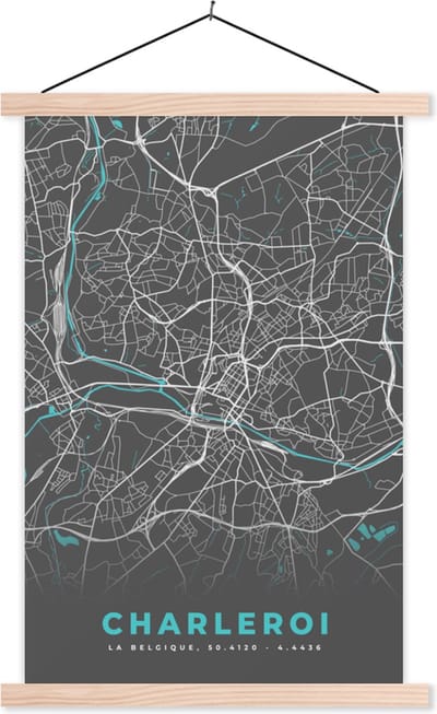 Posterhanger incl. Poster 40x60 cm - Schoolplaat - Stadskaart – Grijs - Kaart – Charleroi – België – Plattegrond - Textielposter - Blanke latten - Stadskaart