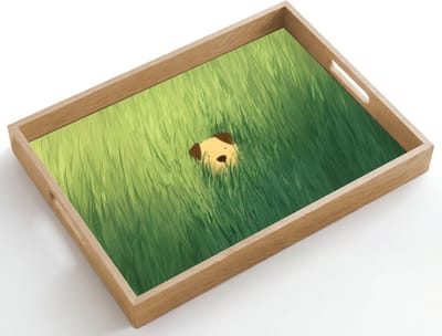 Dienblad hout 50x35 cm - Schootdienblad - Hondje - Gras - Oren - Bruin - Borrelplank rechthoek - Plateau dienbladen
