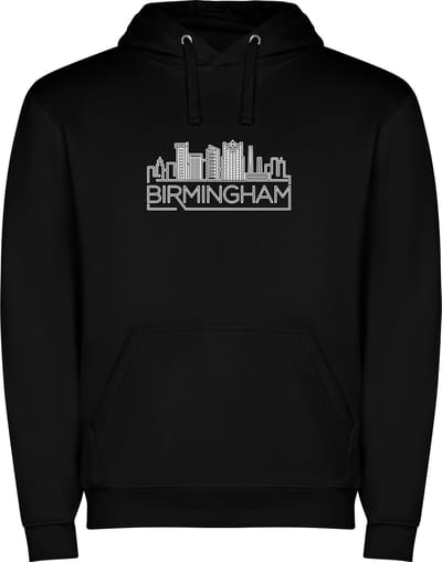 Zwarte unisex hoodie met “ Kleurrijke Sky Line Birmingham – Vakantiegevoel – Strak – Modern “ Print Full Color Color merk Roly maat S
