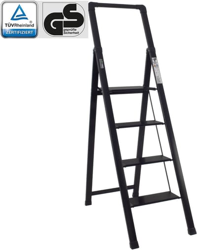 TRUTZHOLM Aluminium Trapladder 4 Treden Zwart - Heavy Duty 150kg Huishoudtrap - Met Veiligheidsleuning Antisliptreden Ladder