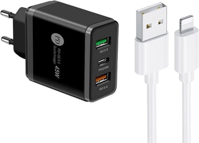 45W USB Oplader met PD25W + 2X QC3.0 Snellaadpoorten Adapter Lader - Snellader - Incl. 1M USB naar 8-Pin Kabel - zwart