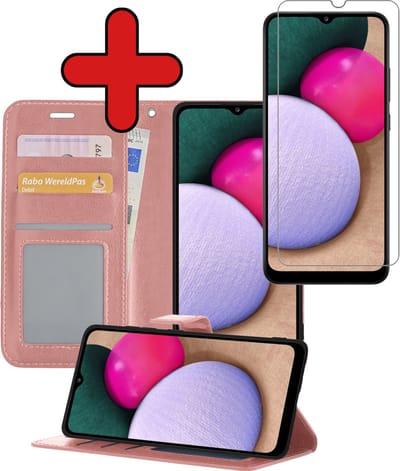 Hoesje - Met Screenprotector - Geschikt voor Samsung Galaxy A02s - Luxe Pasjeshouder - Flipcase - Bookcase Portemonee - Flip Case - Kunstleer Book Case - Book Cover - Walletcase - Portemonneehoes - Telefoonhoes - Rosé goud