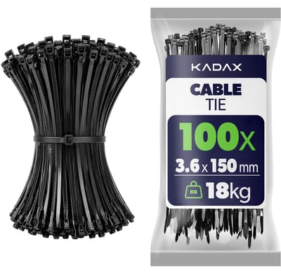 KADAX Kabelbinders 150mm x 3.6mm Zwart – set van 100 stuks, nylon kabelbinders met 18kg trekkracht voor veilig kabelbeheer in huis, tuin, werkplaats en kantoor