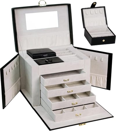 Juwelendoos met slot - Opbergkist sieraden - Sieraden organiseren - Verwijderbare reiskoffer - 26 x 19 x 21.8 cm - Zwart