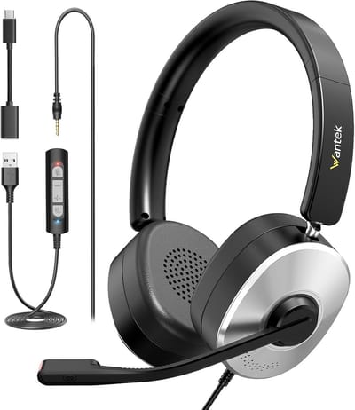 SnelShoppen - USB-headset met microfoon voor pc en laptop, Type C USB-3,5 mm-aansluiting, 3-in-1-koptelefoon met ruisonderdrukking en volumeregelaar,