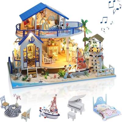 DIY Miniature House - Dollhouse Kit met Meubels en Muziek - Mini House Model Kit - Handgemaakte Craft Gifts voor Vrouwen - Blue Sea Legend
