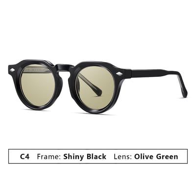 Zonnebril Dames Heren - Zonnebril UV400 - Vintage Retro Zonnebril - PC Montuur en PC Glazen - Glanzend Zwart Montuur met Olijfgroene Glazen
