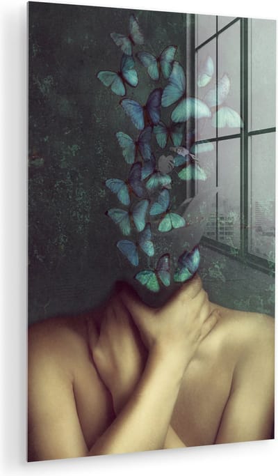 MuchoWow® Glasschilderij 100x150 cm - Schilderij acrylglas - Torso - Stilleven - Vlinders - Blauw - Foto op glas - Muurdecoratie woonkamer - Wanddecoratie slaapkamer - Schilderijen
