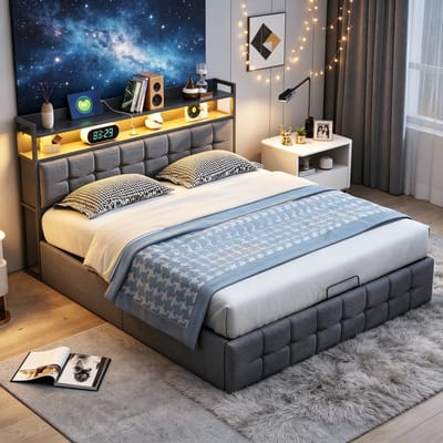 Gestoffeerd 140x190 cm, met LED en USB-aansluiting, tweepersoonsbed met hydraulische functie, opbergbed bedframe met lattenbodem, Grijs linnen