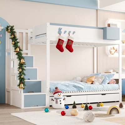 MODFU Bedframe 90x200 cm – Massief hout wit/blauw – Met opbergruimte, afneembaar rek & konijnenmotief – Kindvriendelijk