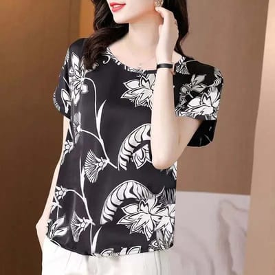 T-shirt Imprimé pour Femmes Ample Col Rond Manches Courtes Haut Pull Fin pour Femmes Chemise de Fond Mode Été Nouvelle Tenue Décontractée Quotidienne M noir