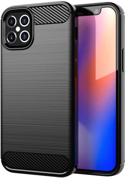 Cadorabo Hoesje geschikt voor Apple iPhone 12 / 12 PRO in Brushed Zwart - Beschermhoes van flexibel TPU siliconen in roestvrij staal-carbonvezel look Case Cover