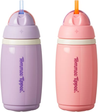Tommee Tippee geïsoleerde Active rietjesbeker – 2 stuks – 266 ml –lekvrije waterfles voor peuters 12m+ - roze en paars