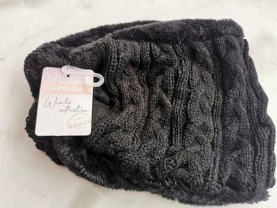 Tube Sjaal / Loopsjaal , ronde gebreide sjaal zwart, gevoerd met extra zachte zwarte fleece one size
