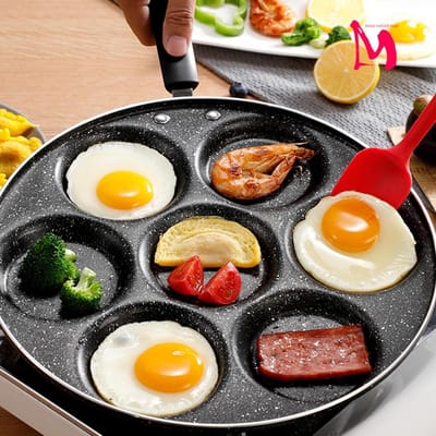 Koekenpan met 7 Gaten - Pannenkoekenpan Ei Pan - Ontbijt Maken - Anti-aanbaklaag - 24 cm Diameter - Zwart