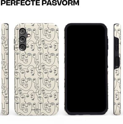 Casetastic hoesje geschikt voor Samsung Galaxy A14 (2023) 5G / Samsung Galaxy A14 (2023) 4G - Dubbellaagse bescherming - Art Deco Creme Abstractie Lijntekening Gezichten - Fashion Case - Zilver Crème Wit