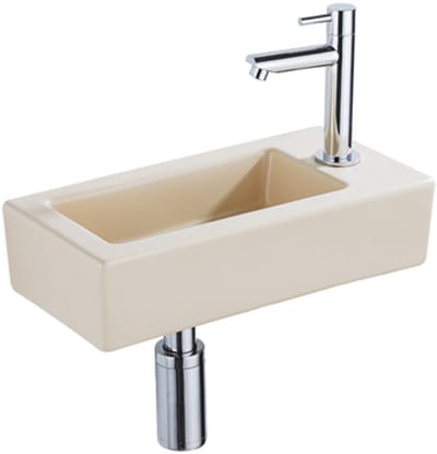 QeramiQ Fuente Fonteinset - 37.5x18.5x9cm - keramiek - kraangat rechts - fonteinkraan chroom - afvoerplug - verlaagd sifon - Mat Beige