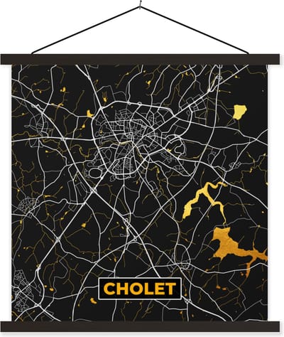 Posterhanger incl. Poster 60x60 cm - Schoolplaat - Plattegrond – Cholet – Stadskaart – Kaart – Frankrijk - Textielposter - Zwarte latten - Stadskaart