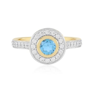 Cavill - Elegante Ring 925 Sterling Zilver Verguld - Zwitsers Blauwe Topaas 0,585 ct - 34 Fonkelende Zirkonia's 0,612 ct - Stijlvolle Bezel Ring Dames