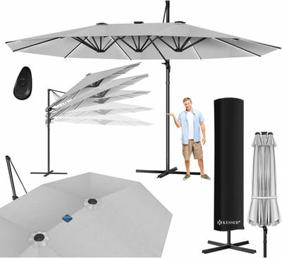 Dubbele Parasol 4,6m x 2,7m | Kantelbare Zweefparasol met Beschermhoes & Windscherm