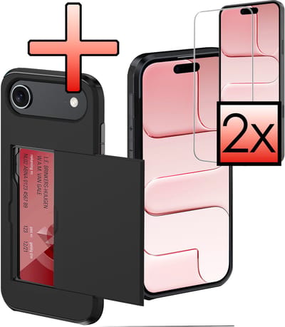 Hoes Geschikt voor iPhone Air Hoesje Pasjeshouder Hard Cover Met 2x Screenprotector Shock Proof Hard Case Hoes Met Kaarthouder - Zwart