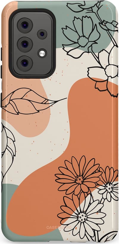 Casetastic hoesje geschikt voor Samsung Galaxy A52 (2021) 5G / Samsung Galaxy A52 (2021) 4G - Dubbellaagse bescherming - Lijnenspel Botanisch - Fashion Case - Crème Saliegroen Perzik