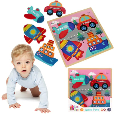 HOUTEN puzzels voor kinderen, GROTE stukken, educatieve puzzel, 4 voertuig PUZZELS 8m+ Bam Bam
