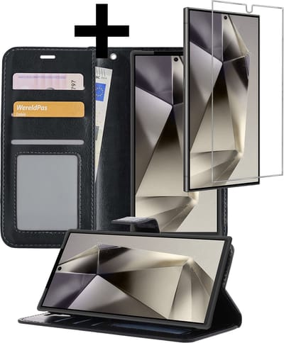 Hoesje - Met Screenprotector - Geschikt voor Samsung Galaxy S24 Ultra - Luxe Pasjeshouder - Bookcase Portemonee - Flip Case - Kunstleer Book Case - Flipcase - Book Cover - Walletcase - Portemonneehoes - Telefoonhoesjes - Zwart