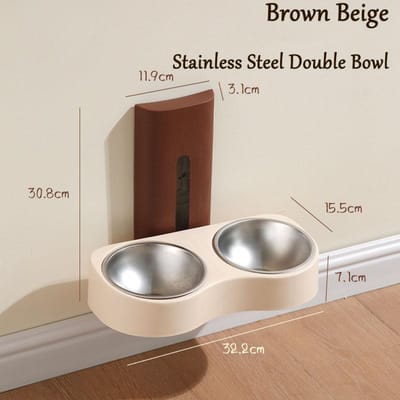 Bassin Premium pour Chat Mural Double Bol pour Animal Domestique Distributeur d'Eau Acier Inoxydable Céramique Gamelle pour Chien Hauteur Réglable marron