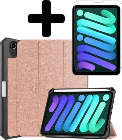 Hoes - Geschikt voor Apple iPad Mini 6 (2021) - 8.3 inch - 6e Generatie - Met Screenprotector - Trifold Bookcase - Hard Cover Case - Met Uitsparing Geschikt voor Apple Pencil - Hardcover Book - Tablet Hoesje - Rosé goud