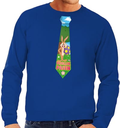 Blauwe Paas sweater met paashaas stropdas - Pasen trui voor heren - Pasen kleding S