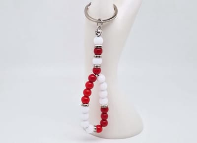 Handgemaakte Tasbih sleutelhanger van natuursteen "Witte Agaat-Bloedkoraal" en metaal - diameter kralen 8mm - Aantal stenen 20 - Een mooi cadeau-idee en een bijzonder aandenken