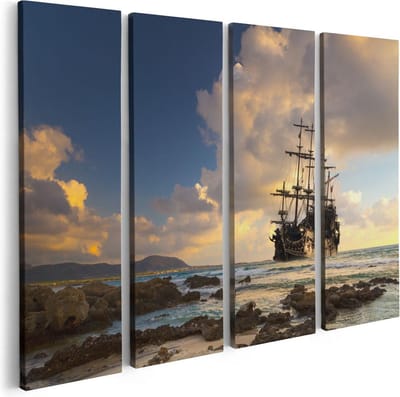 Artaza Canvas Schilderij Vierluik Piratenschip aan de Kust bij Zonsondergang - 80x60 - Foto Op Canvas - Canvas Print