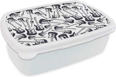 Broodtrommel Wit - Lunchbox - Brooddoos - Gitaar - Patronen - Zwart Wit - 18x12x6 cm - Volwassenen