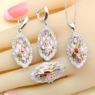 Ensembles de Bijoux de Luxe Multicolores en Zircone pour Femmes Mariage Boucles d'Oreilles Bracelet Bagues Collier Pendentif Meilleur Cadeau 9 beige