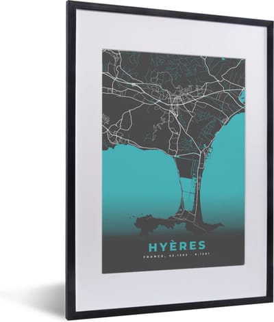 Fotolijst incl. Poster - Hyères - Frankrijk - Kaart - Stadskaart - Plattegrond - 30x40 cm - Posterlijst
