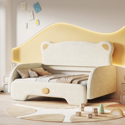 Gutent Kinderbed, Beige (Zonder matras), Tweepersoonsbed in de vorm van een beer, Uitschuifbaar bed met zachte beschermranden, houten lattenbodem, fluweel (140x110cm & 140x200cm)