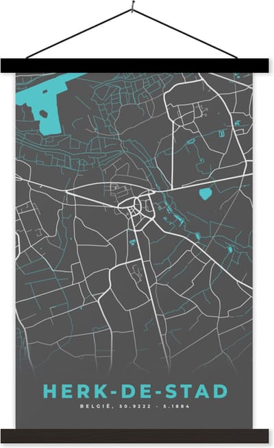 Posterhanger incl. Poster 40x60 cm - Schoolplaat - Plattegrond – Herk de Stad – Blauw – Stadskaart - Kaart - Textielposter - Zwarte latten - Stadskaart