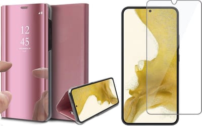 Hoesje geschikt voor Samsung Galaxy S22 Plus - Book Case Spiegel Wallet Cover Hoes Roségoud - Tempered Glass Screenprotector