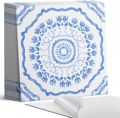 Coloray Plaktegels - Bloemenmotief in een cirkel Zelfklevende Tegels - 20 cm x 20 cm - Blauw Plaktegels - 20 stuks - Vierkant PVC Tegels - Plaktegels Badkamer - Plaktegels Vloer - Vinyl Tegels - Wandtegel Zelfklevend
