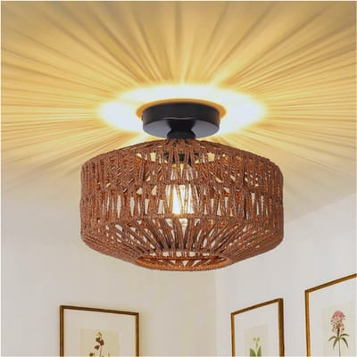 Donkerbruine Rotan Plafondlamp, Boho Plafondlamp Met Rotan Lampenkap, Vintage Bamboe Plafondlamp, Rustieke Rotan Plafondlamp Woonkamer, Boho Mandlamp Voor Slaapkamer, Keuken, Hal