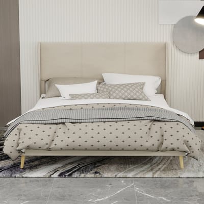 Wishdor Gestoffeerd Bedframe – 160 x 200 cm – Fluwelen Hoofdbord – Stof en Metaal Beige – Modern Laag Design – Zonder Opbergruimte – Eenvoudige Montage – Stijlvol voor Moderne Slaapkamer