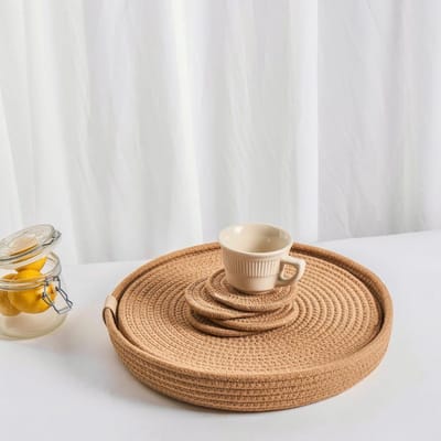 Set van 4 Ronde Geweven Katoenen Placemats met Houder, Antislip en Hittebestendig