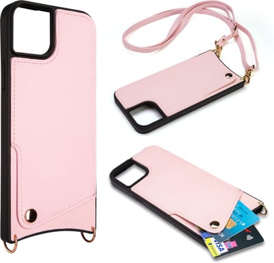 Casemania Hoesje Geschikt voor Apple iPhone 15 - Back Cover met Draagkoord - Pasjeshouder Hoes met Bandje - Crossbody Telefoonhoesje - Lanyard Case - Roze