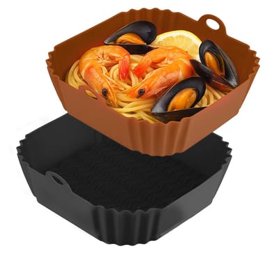 Airfryer Siliconen Bakje - 2 Stuks Siliconen Bakvormen- Airfryer accessoires – 22cm Herbruikbare Airfryer Manden – Geschikt voor Airfryers van 5 tot 8 Liter - met Handgrepen– Zwart & Bruin