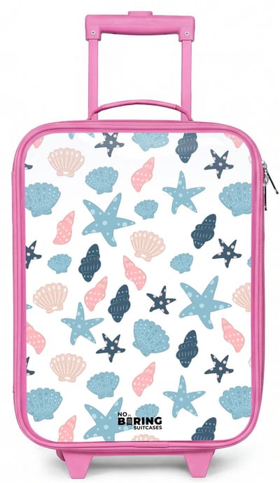 NoBoringSuitcases.com® - Kinderkoffer roze - Kindertrolley meisje - Schelpen patroon kleurrijk - Koffer kind lichtgewicht - Reiskoffer trolley voor kinderen - Koffertje met lichtgevende wieltjes - Rolkoffer