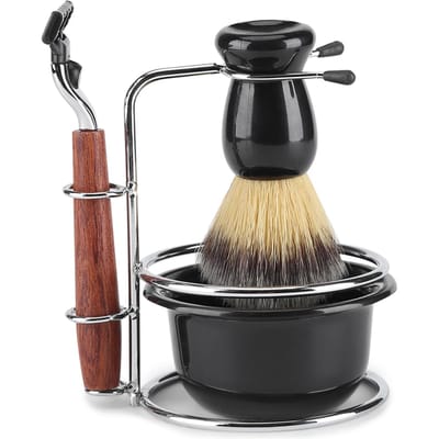Kit de Rasage 4 Pièces Rasoir Manuel Support en Acier Inoxydable Porte-Rasoir Brosse Bol Set